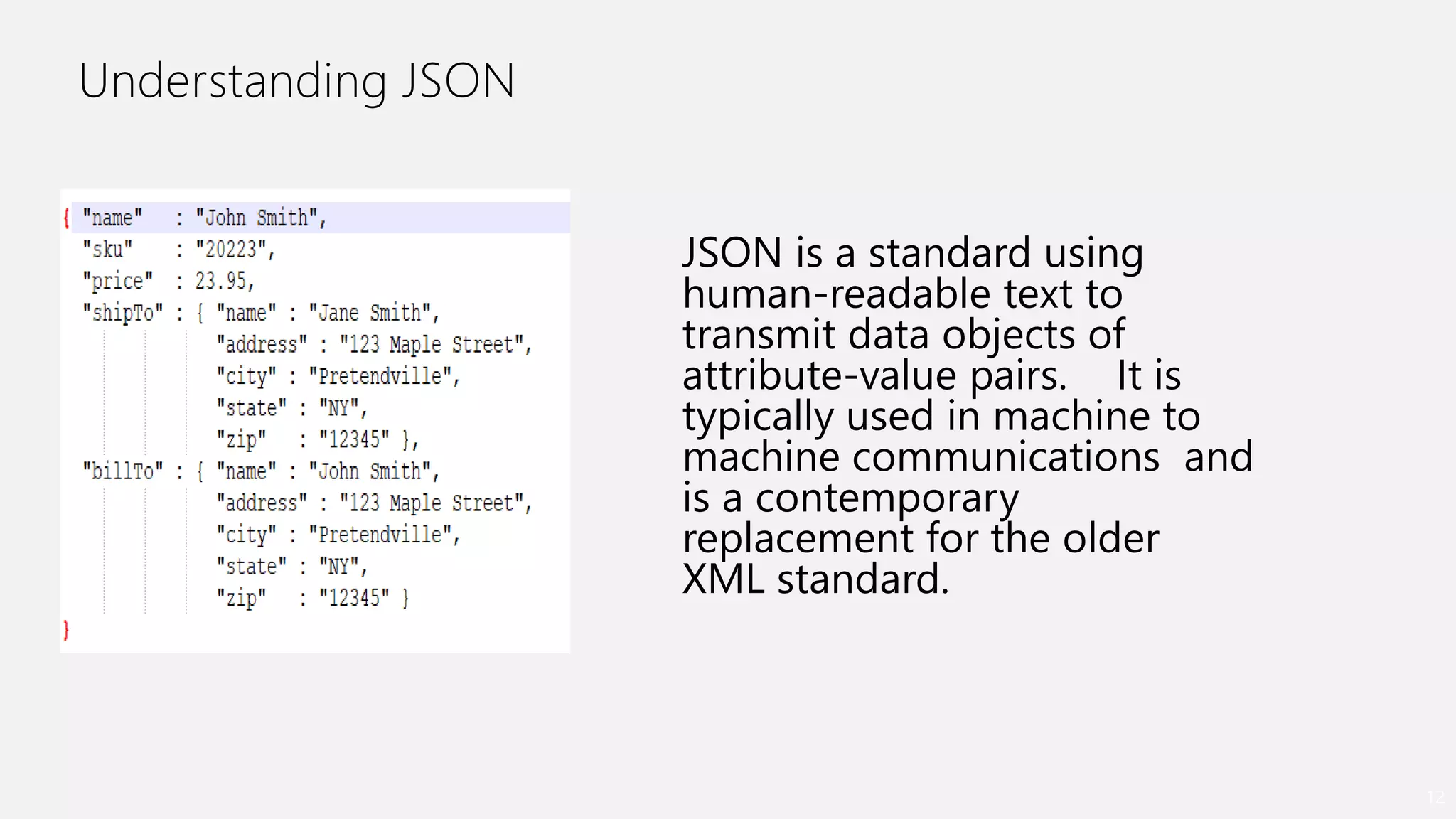 Understanding JSON
12
JSON is a standard using
human-readable text to
transmit data objects of
attribute-value pairs. It is
typically used in machine to
machine communications and
is a contemporary
replacement for the older
XML standard.
 