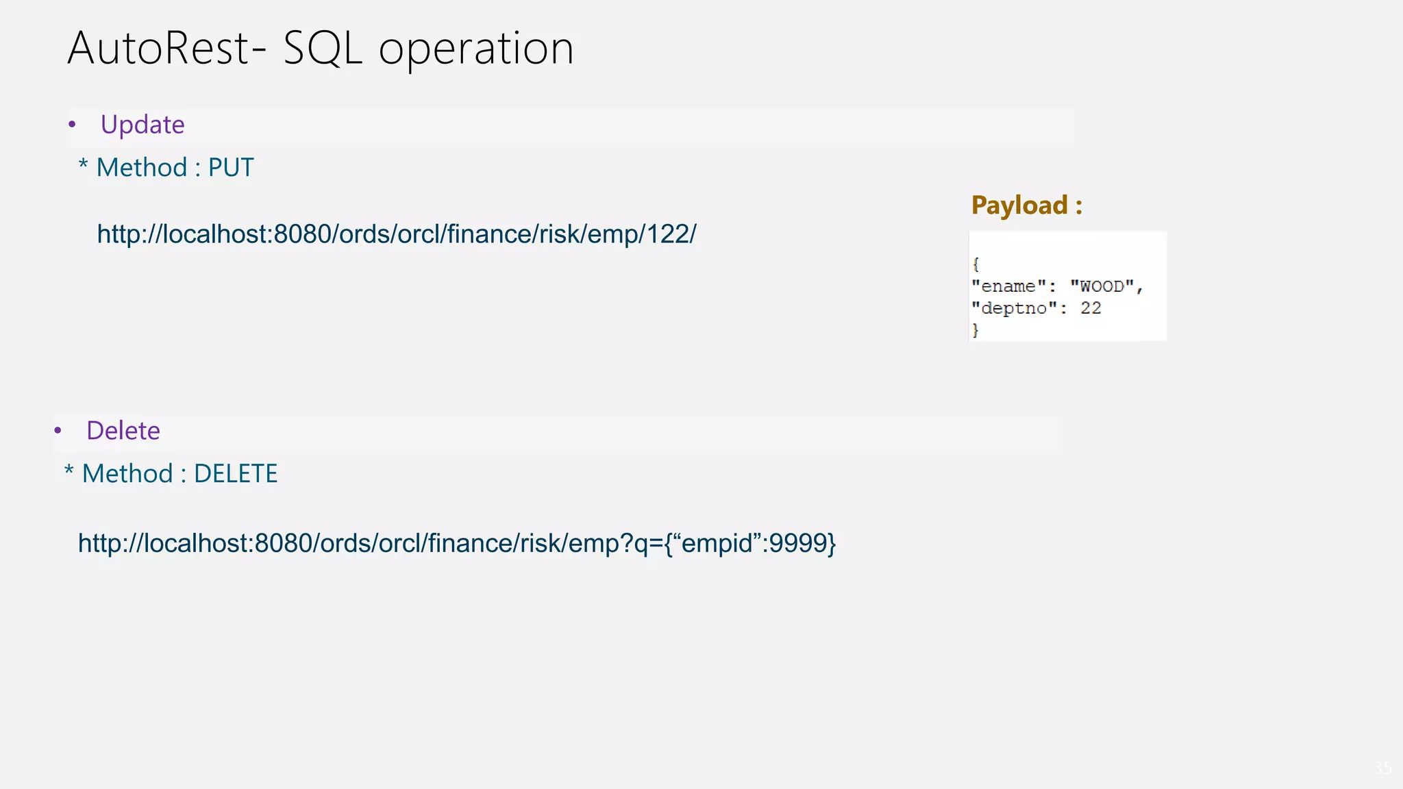 AutoRest- SQL operation
35
• Update
* Method : PUT
http://localhost:8080/ords/orcl/finance/risk/emp/122/
• Delete
* Method : DELETE
http://localhost:8080/ords/orcl/finance/risk/emp?q={“empid”:9999}
Payload :
 