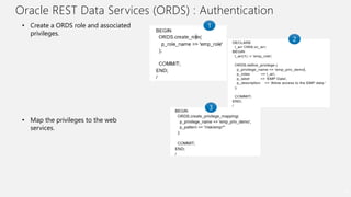 Oracle REST Data Services (ORDS) : Authentication
41
• Create a ORDS role and associated
privileges.
• Map the privileges ...