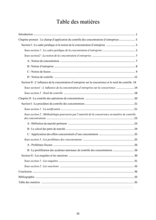 35
Table des matières
Introduction ............................................................................................................................................. 1
Chapitre premier : Le champ d’application du contrôle des concentrations d’entreprises ...................... 5
Section I : Le cadre juridique et la notion de la concentration d’entreprise ........................................ 5
Sous-section 1 : Le cadre juridique de la concentration d’entreprise ............................................. 5
Sous-section2 : La notion de la concentration d’entreprise ............................................................ 7
A : Notion de concentration ........................................................................................................ 7
B : Notion d’entreprise ................................................................................................................ 8
C : Notion de fusion .................................................................................................................... 9
D : Notion de contrôle .............................................................................................................. 12
Section II : L’influence de la concentration d’entreprise sur la concurrence et le seuil du contrôle. 14
Sous-section1 : L’influence de la concentration d’entreprise sur la concurrence ........................ 14
Sous-section 2 : Seuil du contrôle ................................................................................................. 18
Chapitre II : Le contrôle des opérations de concentrations ................................................................... 20
Section I : La procédure du contrôle des concentrations ................................................................... 21
Sous-section 1 : La notification ..................................................................................................... 21
Sous-section 2 : Méthodologie poursuivie par l’autorité de la concurrence en matière de contrôle
des concentrations ........................................................................................................................ 23
A : Définition du marché pertinent ........................................................................................... 23
B : Le calcul des parts de marché .............................................................................................. 24
C : Appréciation des effets concurrentiels d’une concentration ................................................ 25
Sous-section 3 : Les problèmes des concentrations ...................................................................... 25
A : Problèmes fiscaux ............................................................................................................... 26
B : La prolifération des systèmes nationaux de contrôle des concentrations ............................. 26
Section II : Les enquêtes et les sanctions .......................................................................................... 30
Sous-section 1 : Les enquêtes ........................................................................................................ 31
Sous-section 2 : Les sanctions ...................................................................................................... 33
Conclusion ............................................................................................................................................ 36
Bibliographie ........................................................................................................................................ 33
Table des matières ................................................................................................................................ 35
 