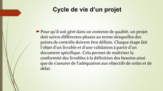 Pour qu'il soit géré dans un contexte de qualité, un projet
doit suivre différentes phases au terme desquelles des
points de contrôle doivent être définis. Chaque étape fait
l'objet d'un livrable et d'une validation à partir d'un
document spécifique. Cela permet de maîtriser la
conformité des livrables à la définition des besoins ainsi
que de s'assurer de l'adéquation aux objectifs de coûts et de
délai.
Cycle de vie d’un projet
 