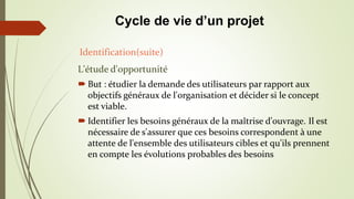 L'étude d'opportunité
 But : étudier la demande des utilisateurs par rapport aux
objectifs généraux de l'organisation et décider si le concept
est viable.
 Identifier les besoins généraux de la maîtrise d'ouvrage. Il est
nécessaire de s'assurer que ces besoins correspondent à une
attente de l'ensemble des utilisateurs cibles et qu'ils prennent
en compte les évolutions probables des besoins
Identification(suite)
Cycle de vie d’un projet
 