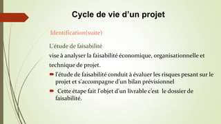L'étude de faisabilité
vise à analyser la faisabilité économique, organisationnelle et
technique de projet.
l'étude de faisabilité conduit à évaluer les risques pesant sur le
projet et s'accompagne d'un bilan prévisionnel
 Cette étape fait l'objet d'un livrable c’est le dossier de
faisabilité.
Identification(suite)
Cycle de vie d’un projet
 