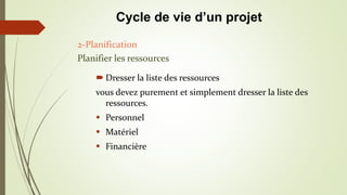  Dresser la liste des ressources
vous devez purement et simplement dresser la liste des
ressources.
 Personnel
 Matériel
 Financière
2-Planification
Planifier les ressources
Cycle de vie d’un projet
 
