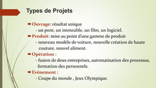 Ouvrage: résultat unique
- un pont, un immeuble, un film, un logiciel.
Produit: mise au point d’une gamme de produit
- nouveau modèle de voiture, nouvelle création de haute
couture, nouvel aliment.
Opération :
- fusion de deux entreprises, automatisation des processus,
formation des personnels.
Evénement :
- Coupe du monde , Jeux Olympique.
Types de Projets
 