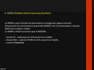 4- MSRN (Mobile Station Roaming Number)
Le MSRN a pour fonction de permettre le routage des appels entrants
directement du commutateur passerelle (GMSC) vers le commutateur courant
(MSC) de la station mobile.
Le MSRN a même structure que le MSISDN:
- champ CC : code pays du VLR courant du mobile,
- champ NDC : code du PLMN du VLR courant du mobile,
- numéro d’abonné.
 