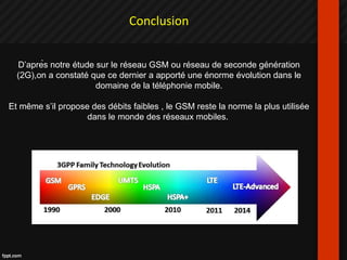 Conclusion
D’après notre étude sur le réseau GSM ou réseau de seconde génération
(2G),on a constaté que ce dernier a apporté une énorme évolution dans le
domaine de la téléphonie mobile.
Et même s’il propose des débits faibles , le GSM reste la norme la plus utilisée
dans le monde des réseaux mobiles.
 