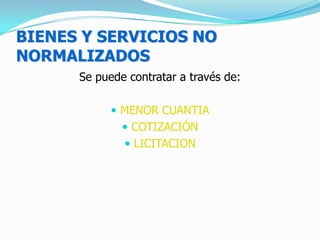Compra por catalogo	Permite a las Entidades Contratantes comprar directamente los bienes y/o servicios que requiera a los proveedores que publican sus productos en este módulo. 	Una vez realizados los convenios Marco con los proveedores para la adquisición de bienes y servicios normalizados, que requieran en forma recurrente las Entidades Contratantes, ésta herramienta permite crear un catálogo electrónico de bienes y servicios desde el cual podrán realizar sus adquisiciones en forma directa. Sus funcionalidades principales son: Programar los proceso de licitación para convenio marco; Registrar los convenios Marco vigentes; Elaborar el catálogo electrónico, una tienda virtual. Los beneficios de esta herramienta son: Tiempo mínimo del proceso de contratación, 1 o 2 días; Adquisición directa de bienes y servicios normalizados de mayor demanda Disminuye los costos de inventario Disminuye el plazo de entrega Mejores precios del mercado, para todas las Entidades del Estado Servicio disponible las 24 horas, los 365 días del año. 