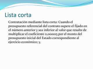 MENOR CUANTIASe utiliza para comprar bienes y servicios normalizados, siempre que no se pudo comprar con las dos primeras categorías.  Se compra directamente hasta un monto de USD $ 42.564,12Requiere pliegos y el contrato es opcional.Se podrá contratar bajo este sistema en cualquiera de los siguientes casos: 1. Las contrataciones de bienes y servicios no normalizados, exceptuando los de consultoría cuyo presupuesto referencial sea inferior al 0,000002 del Presupuesto Inicial del Estado del correspondiente ejercicio económico; 2. Las contrataciones de obras, cuyo presupuesto referencial sea inferior al 0,000007 del Presupuesto Inicial del Estado del correspondiente ejercicio económico; 3. Si fuera imposible aplicar los procedimientos dinámicos previstos en el Capítulo II de este Título o, en el caso que una vez aplicados dichos procedimientos, éstos hubiesen sido declarados desiertos; siempre que el presupuesto referencial sea inferior al 0,000002 del Presupuesto Inicial del Estado del correspondiente ejercicio económico.  En los casos de los números 1 y 3 se podrá contratar directamente. En el caso previsto en el número 2 se adjudicará el contrato a un proveedor registrado en el RUP escogido por sorteo público de entre los interesados previamente en participar en dicha contratación. De requerirse pliegos, éstos serán aprobados por la máxima autoridad o el funcionario competente de la Entidad Contratante y se adecuarán a los modelos obligatorios emitidos por el Instituto Nacional de Contratación Pública.