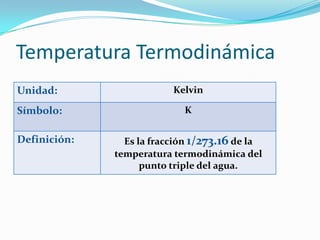 Temperatura Termodinámica
Unidad:                   Kelvin

Símbolo:                    K


Definición:     Es la fracción...
