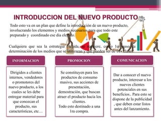 Todo esto va en un plan que define la introducción de un nuevo producto,
involucrando los elementos y medios necesarios para que todo este
preparado y coordinado ese día elegido.
Cualquiera que sea la estrategia elegida, se requiere, como 1er paso, la
determinación de los medios que se utilizaran y que pueden ser de tres clases:
INFORMACION PROMOCION COMUNICACION
Dirigidos a clientes
internos, vendedores
o promotores del
nuevo producto, a los
cuales se les debe
entregar material para
que conozcan el
producto, sus
características, etc…
Se constituyen para los
productos de consumo
masivo, sus acciones de
presentación,
demostración, que buscan
atraer el producto hacia los
clientes.
Todo esto destinado a una
1ra compra.
Dar a conocer el nuevo
producto, interesar a los
nuevos clientes
potenciales en sus
beneficios.. Para esto se
dispone de la publicidad
, que deben estar listos
antes del lanzamiento.
 