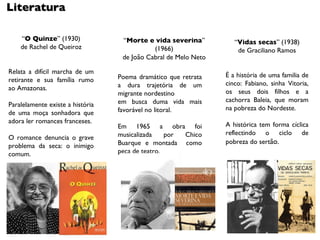“ O Quinze ” (1930) de Rachel de Queiroz Relata a difícil marcha de um retirante e sua família rumo ao Amazonas. Paralelamente existe a história de uma moça sonhadora que adora ler romances franceses. O romance denuncia o grave problema da seca: o inimigo comum. Literatura Poema dramático que retrata a dura trajetória de um migrante nordestino  em busca duma vida mais favorável no litoral.  Em 1965 a obra foi musicalizada por Chico Buarque e montada  como peça de teatro.  “ Vidas secas ” (1938) de Graciliano Ramos É a história de uma familia de cinco: Fabiano, sinha Vitoria, os seus dois filhos e a cachorra Baleia, que moram na pobreza do Nordeste. A histórica tem forma cíclica reflectindo o ciclo de pobreza do sert ão. “ Morte e vida severina ” (1966) de  João  Cabral de Melo Neto 