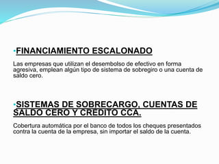 •FINANCIAMIENTO ESCALONADO
Las empresas que utilizan el desembolso de efectivo en forma
agresiva, emplean algún tipo de sistema de sobregiro o una cuenta de
saldo cero.
•SISTEMAS DE SOBRECARGO, CUENTAS DE
SALDO CERO Y CRÉDITO CCA.
Cobertura automática por el banco de todos los cheques presentados
contra la cuenta de la empresa, sin importar el saldo de la cuenta.
 