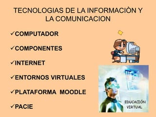 TECNOLOGIAS DE LA INFORMACIÒN Y 
LA COMUNICACION 
COMPUTADOR 
COMPONENTES 
INTERNET 
ENTORNOS VIRTUALES 
PLATAFORMA M...