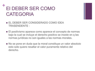 +
    El DEBER SER COMO
    CATEGORIA
       EL DEBER SER CONSIDERADO COMO IDEA
        TRASENDENTE :

       El positivismo aparece como aparece el concepto de normas
        bajo la cual se incluye el derecho positivo se insiste en q las
        normas jurídicas no son iguales a las normas morales.

       No se pone en duda que la moral constituye un valor absoluto
        esto solo quiere resaltar el valor puramente relativo del
        derecho.
 