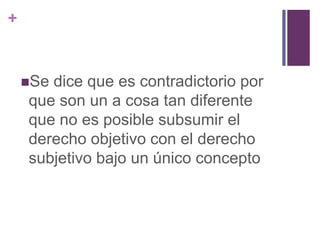 +


    Sedice que es contradictorio por
    que son un a cosa tan diferente
    que no es posible subsumir el
    derecho objetivo con el derecho
    subjetivo bajo un único concepto
 