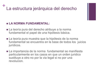 +
    La estructura jerárquica del derecho


       LA NORMA FUNDAMENTAL:
       La teoría pura del derecho atribuye a la norma
        fundamental el papel de una hipótesis básica.
       La teoría pura muestra que la hipótesis de la norma
        fundamental se encuentra en la base de todos los juicios
        jurídicos.
       La importancia de la norma fundamental se manifiesta
        particularmente en los casos en que un orden juridico
        sustituye a otro no por la via legal si no por una
        revolucion.
 