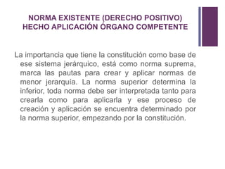 NORMA EXISTENTE (DERECHO POSITIVO)
  HECHO APLICACIÓN ÓRGANO COMPETENTE


La importancia que tiene la constitución como base de
 ese sistema jerárquico, está como norma suprema,
 marca las pautas para crear y aplicar normas de
 menor jerarquía. La norma superior determina la
 inferior, toda norma debe ser interpretada tanto para
 crearla como para aplicarla y ese proceso de
 creación y aplicación se encuentra determinado por
 la norma superior, empezando por la constitución.
 