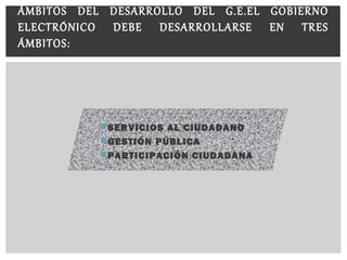 SERVICIOS AL CIUDADANO
GESTIÓN PÚBLICA
PARTICIPACIÓN CIUDADANA
ÁMBITOS DEL DESARROLLO DEL G.E.EL GOBIERNO
ELECTRÓNICO DEBE DESARROLLARSE EN TRES
ÁMBITOS:
 