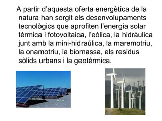 A partir d’aquesta oferta energètica de la natura han sorgit els desenvolupaments tecnològics que aprofiten l’energia solar tèrmica i fotovoltaica, l’eòlica, la hidràulica junt amb la mini-hidraúlica, la maremotriu, la onamotriu, la biomassa, els residus sòlids urbans i la geotérmica. 