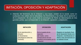 IMITACIÓN, OPOSICIÓN Y ADAPTACIÓN
 Además del fenómeno de la imitación y sus leyes, existen en lo social, como en
cualquiera otra esfera de la naturaleza, los fenómenos y las leyes de la oposición y
de la adaptación. Es así como toda la sociología de Tarde se descompone en tres
grandes partes, que corresponden a: la imitación, oposición y adaptación.
IMITACIÓN OPOSICIÓN ADAPTACIÓN
Es la reproducción y
difusión
de fenómenos
psicológicos entre los
hombres.
Es la muestra de la
reacción
del medio, como
consecuencia de los
cambios provocados por la
Imitación.
Registra el resultado final
de la Oposición frente a la
Imitación, manifestando el
efecto más permanente en
la realidad social.
 