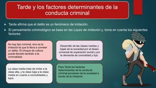 Tarde y los factores determinantes de la
conducta criminal
 Tarde afirma que el delito es un fenómeno de imitación.
 El pensamiento criminológico se basa en las Leyes de imitación y, toma en cuenta los siguientes
factores:
No hay tipo criminal, sino es la
imitación la que lo lleva a cometer
un delito. El choque de cultura
puede llevarlo también a la
criminalidad.
La clase media trata de imitar a la
clase alta, y la clase baja a la clase
media en cuanto a comodidades y
lujos.
Desarrollo de las clases medias y
bajas de la sociedad por el deseo
universal de superación social y por
la demanda de comodidad y lujo.
Para Tarde los factores
determinantes de la conducta
criminal provienen de la sociedad a
través de la imitación.
 