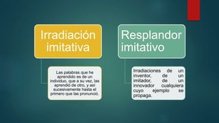 Irradiación
imitativa
Las palabras que he
aprendido es de un
individuo, que a su vez, las
aprendió de otro, y así
sucesivamente hasta el
primero que las pronunció.
Resplandor
imitativo
Irradiaciones de un
inventor, de un
imitador, de un
innovador cualquiera
cuyo ejemplo se
propaga.
 