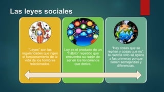 Las leyes sociales
“Leyes” son las
regularidades que rigen
el funcionamiento de la
vida de los hombres
relacionados.
Ley es el producto de un
“hábito” repetido que
encuentra su razón de
ser en los fenómenos
que deriva.
“Hay cosas que se
repiten y cosas que no”,
la ciencia sólo se aplica
a las primeras porque
tienen semejanzas y
diferencias.
 