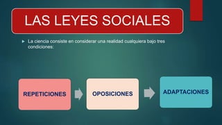 LAS LEYES SOCIALES
 La ciencia consiste en considerar una realidad cualquiera bajo tres
condiciones:
REPETICIONES OPOSICIONES ADAPTACIONES
 
