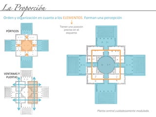 La Proporción
Orden	
  y	
  organización	
  en	
  cuanto	
  a	
  los	
  ELEMENTOS.	
  Forman	
  una	
  percepción	
  
	
  
Planta	
  central	
  cuidadosamente	
  modulada.	
  
Tienen una posición
precisa en el
esquema
PÓRTICOS	
  
VENTANAS	
  Y	
  
PUERTAS	
  
 