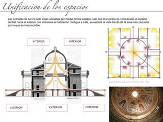 EXTERIOR
EXTERIOR
Unificacion de los espacios
ESQUEMA DE ENTRADAS DE LUZ
Las entradas de luz no solo están ubicadas por medio de los pasillos, sino que los puntos de vista desde el espacio
central hacia el exterior que atraviesa la habitación contigua a esta, se ejecuta la vista través de la sala mas pequeña
por lo que es irreconocible.
EXTERIOR
INTERIOR INTERIOR
 