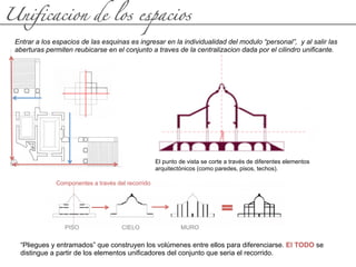 Unificacion de los espacios
Entrar a los espacios de las esquinas es ingresar en la individualidad del modulo “personal”, y al salir las
aberturas permiten reubicarse en el conjunto a traves de la centralizacion dada por el cilindro unificante.
“Pliegues y entramados” que construyen los volúmenes entre ellos para diferenciarse. El TODO se
distingue a partir de los elementos unificadores del conjunto que seria el recorrido.
PISO CIELO MURO
Componentes a través del recorrido
El punto de vista se corte a través de diferentes elementos
arquitectónicos (como paredes, pisos, techos).
 