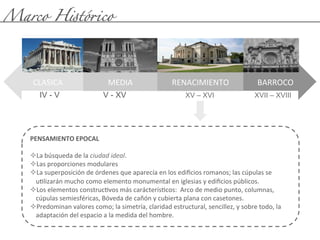IV - V V - XV XV – XVI XVII – XVIII
CLASICA	
   MEDIA	
   RENACIMIENTO	
   BARROCO	
  
PENSAMIENTO	
  EPOCAL	
  
	
  
²La	
  búsqueda	
  de	
  la	
  ciudad	
  ideal.	
  
²Las	
  proporciones	
  modulares	
  
²La	
  superposición	
  de	
  órdenes	
  que	
  aparecía	
  en	
  los	
  ediﬁcios	
  romanos;	
  las	
  cúpulas	
  se	
  
uKlizarán	
  mucho	
  como	
  elemento	
  monumental	
  en	
  iglesias	
  y	
  ediﬁcios	
  públicos.	
  
²Los	
  elementos	
  construcKvos	
  más	
  carácterísKcos:	
  	
  Arco	
  de	
  medio	
  punto,	
  columnas,	
  
cúpulas	
  semiesféricas,	
  Bóveda	
  de	
  cañón	
  y	
  cubierta	
  plana	
  con	
  casetones.	
  
²Predominan	
  valores	
  como;	
  la	
  simetría,	
  claridad	
  estructural,	
  sencillez,	
  y	
  sobre	
  todo,	
  la	
  
adaptación	
  del	
  espacio	
  a	
  la	
  medida	
  del	
  hombre.	
  	
  
Marco H#tó$co
 