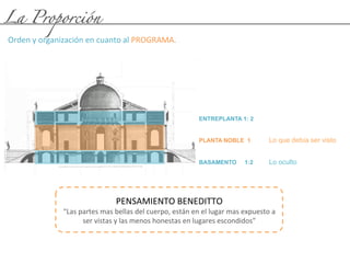La Proporción
Orden	
  y	
  organización	
  en	
  cuanto	
  al	
  PROGRAMA.	
  
	
  
ENTREPLANTA 1: 2
PLANTA NOBLE 1 Lo que debía ser visto
BASAMENTO 1:2 Lo oculto
PENSAMIENTO	
  BENEDITTO	
  
“Las	
  partes	
  mas	
  bellas	
  del	
  cuerpo,	
  están	
  en	
  el	
  lugar	
  mas	
  expuesto	
  a	
  
ser	
  vistas	
  y	
  las	
  menos	
  honestas	
  en	
  lugares	
  escondidos”	
  
 