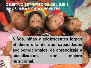 OBJETIVO ESTRATÉGICO DEL EJE 1: 
NIÑOS, NIÑAS Y ADOLECENTES 
Niños, niñas y adolescentes logran 
el desarrollo de sus capacidades 
socioemocionales, de aprendizaje y 
socialización, con mejora 
nutricional. 
 