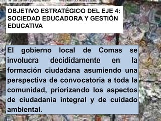 OBJETIVO ESTRATÉGICO DEL EJE 4: 
SOCIEDAD EDUCADORA Y GESTIÓN 
EDUCATIVA 
El gobierno local de Comas se 
involucra decididamente en la 
formación ciudadana asumiendo una 
perspectiva de convocatoria a toda la 
comunidad, priorizando los aspectos 
de ciudadanía integral y de cuidado 
ambiental. 
 
