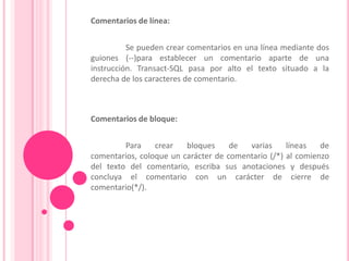 INSTRUCCIONES DEL LENGUAJE DE DEFINICIÓN DE DATOSDefinición de los objetos de la base de datos:-CREATE  nombre objeto-ALTER  nombre objeto-DROP  nombre objetoEjemplo:USE northwindCREATE TABLE customer(cust_idint, companyvarchar(40),Contactvarchar (30), phonechar (12))GO