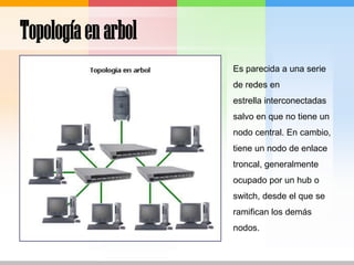 Topología en arbolEs parecida a una serie de redes en estrella interconectadas salvo en que no tiene un nodo central. En cambio, tiene un nodo de enlace troncal, generalmente ocupado por un hub o switch, desde el que se ramifican los demás nodos.