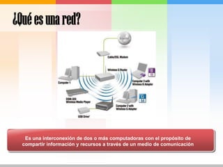 ¿Quéesuna red?Es una interconexión de dos o más computadoras con el propósito de compartir información y recursos a través de un medio de comunicación