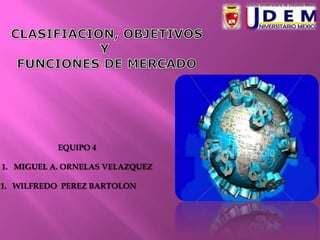 CLASIFIACION, OBJETIVOS Y  FUNCIONES DE MERCADO EQUIPO 4 MIGUEL A. ORNELAS VELAZQUEZ WILFREDO  PEREZ BARTOLON  