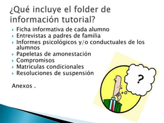 Ficha informativa de cada alumnoEntrevistas a padres de familiaInformes psicológicos y/o conductuales de los alumnos Papeletas de amonestaciónCompromisos Matriculas condicionalesResoluciones de suspensiónAnexos .¿Qué incluye el folder de información tutorial?