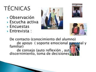 Observación Escucha activaEncuestasEntrevista : De contacto (conocimiento del alumno)         de apoyo  ( soporte emocional personal y familiar)         de consejo (auto reflexión , auto discernimiento, toma de decisiones)TÉCNICAS