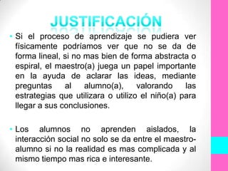 • Si el proceso de aprendizaje se pudiera ver
  físicamente podríamos ver que no se da de
  forma lineal, si no mas bien de forma abstracta o
  espiral, el maestro(a) juega un papel importante
  en la ayuda de aclarar las ideas, mediante
  preguntas     al    alumno(a),     valorando    las
  estrategias que utilizara o utilizo el niño(a) para
  llegar a sus conclusiones.

• Los alumnos no aprenden aislados, la
  interacción social no solo se da entre el maestro-
  alumno si no la realidad es mas complicada y al
  mismo tiempo mas rica e interesante.
 