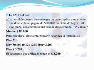  EJEMPLO 3.3
¿Cual es el descuento bancario que un banco aplica a un cliente
  que descuenta un pagare de $ 80.000 en el día de hoy, a 120
  días plazo, considerando una tasa de descuento del 12% anual?
Monto: $ 80.000
Para calcular el descuento bancario se aplica la formula 3.2
Db= Mdt
Db= 80.000 (0.12 (120/360))= 3.200
Db= $ 3.200
El descuento que aplica el banco es $ 3.200
 