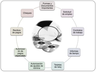 Formas y
                           Documentos
                           Importantes
                                                     Solicitud
           Cheques
                                                    de empleo




Recibos                                                          Contratos
de pagos                                                         de trabajo




  Autorizaci
    ón de                                                  Informes
    pagos                                                  de tiempo
  especiales


                Autorización
                                         Tarjetas
                de ajustes de
                                         de reloj
                   nómina
 