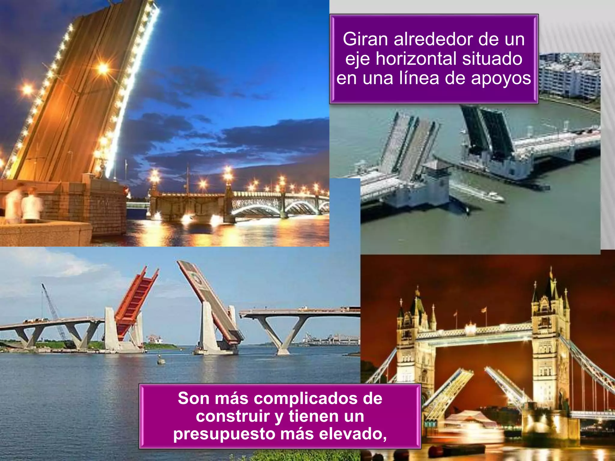 Son más complicados de
construir y tienen un
presupuesto más elevado,
Giran alrededor de un
eje horizontal situado
en una línea de apoyos
 