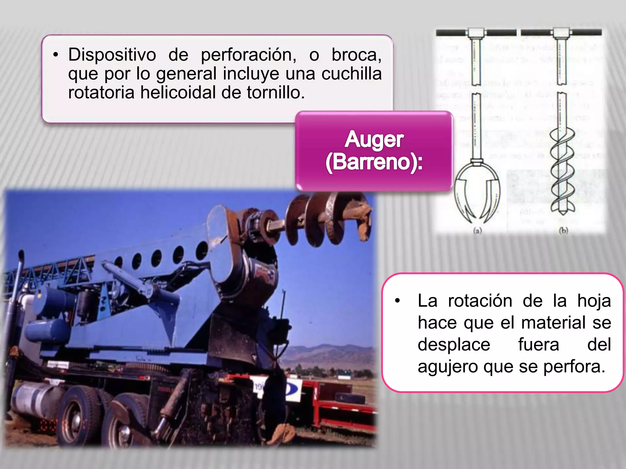 • Dispositivo de perforación, o broca,
que por lo general incluye una cuchilla
rotatoria helicoidal de tornillo.
• La rotación de la hoja
hace que el material se
desplace fuera del
agujero que se perfora.
 