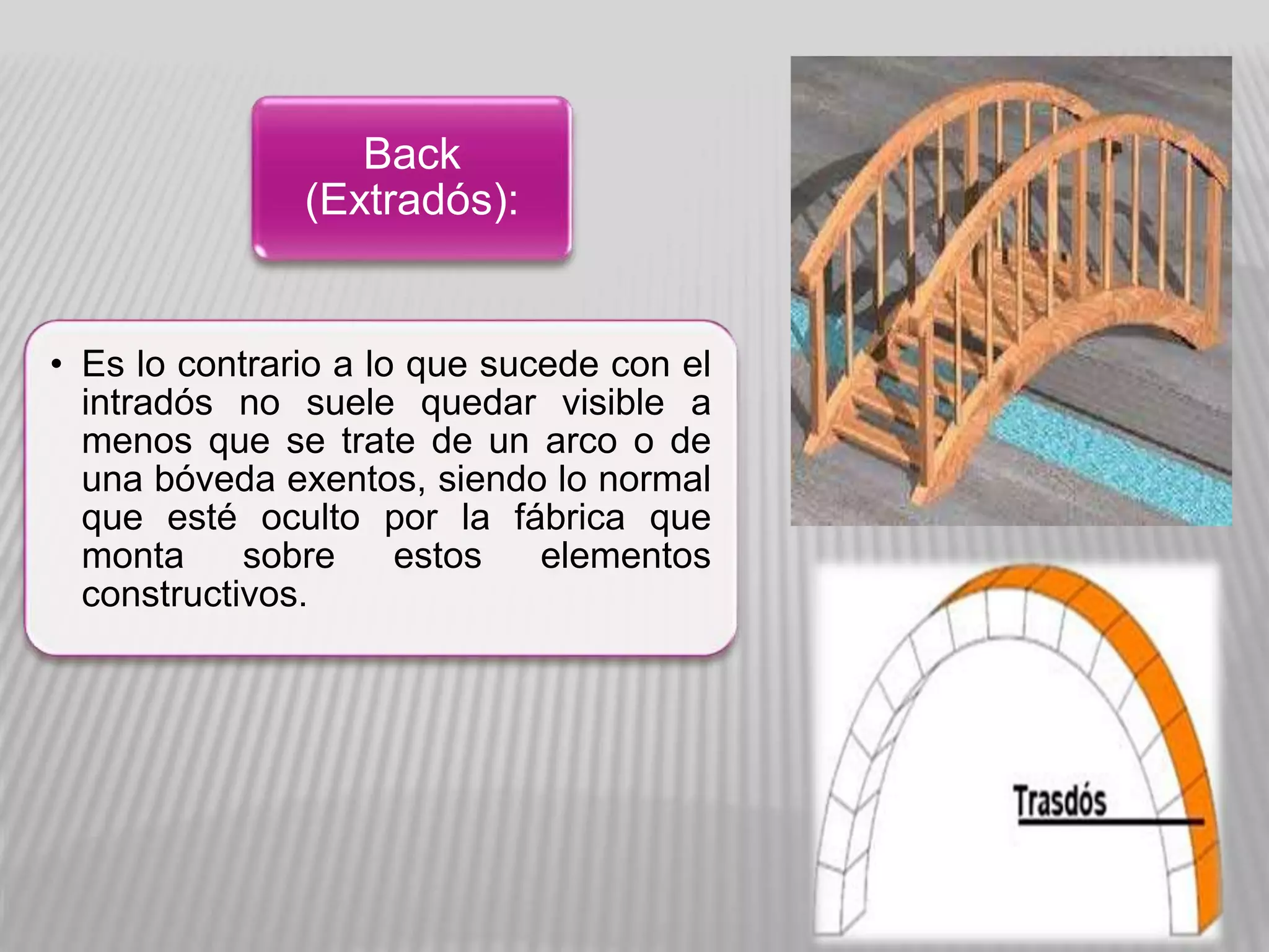 • Es lo contrario a lo que sucede con el
intradós no suele quedar visible a
menos que se trate de un arco o de
una bóveda exentos, siendo lo normal
que esté oculto por la fábrica que
monta sobre estos elementos
constructivos.
Back
(Extradós):
 