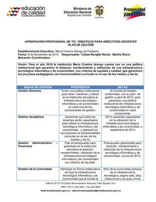 APROPIACIÓN PROFESIONAL DE TIC: TEMÁTICAS PARA DIRECTIVOS DOCENTES
                              PLAN DE GESTIÒN

Establecimiento Educativo: María Cristina Arango de Pastrana
Fecha: 6 de Noviembre de 2012 Responsable: Tobías Rengifo Rector Martha Rocío
Bahamón Coordinadora

Visión: Para el año 2014 la Institución María Cristina Arango cuenta con un una política
institucional que garantice la dotación, mantenimiento y utilización de una infraestructura
tecnológica informática y de conectividad, con criterios de equidad y calidad, que garanticen
los procesos pedagógicos con transversalidad curricular en el uso de los medios y las tic.



    AREAS DE GESTION                       PROPÓSITOS                                   METAS
Gestión Directiva                  Tener una política institucional               El Comité de Gestión
                                   para dotar, mantener y utilizar          conformado, con su plan de
                                    en la Institución educativa la          gestión a abril de 2013, para
                                     infraestructura tecnológica                garantizar una política
                                   informática y de conectividad           institucional de infraestructura
                                         en cada uno de los                 tecnológica informática y de
                                      componentes de gestión.                    conectividad en cada
                                                                                      componente.
Gestión Académica                     Garantizar que todos los              100 % docentes capacitados
                                    docentes serán capacitados                   en la utilización de la
                                    para utilizar la infraestructura         infraestructura tecnológica
                                    tecnológica informática y de          informática y de conectividad, a
                                    conectividad, y aplicarán en                  septiembre de 2013
                                  sus procesos la transversalidad
                                      curricular en el uso de los
                                            medios y las tic
Gestión Administrativo        –       Fijar el presupuesto para            Presupuesto garantizado para
Financiera                           garantizar en la institución            dotación, mantenimiento y
                                        educativa la dotación,             utilización de la infraestructura
                                  mantenimiento, utilización de la          tecnológica informática y de
                                     infraestructura tecnológica           conectividad, a junio de 2013.
                                   informática y de conectividad,
                                       con criterios de equidad.

Gestión de la Comunidad           Participar en forma colaborativa         80% de la comunidad participa
                                     de toda la infraestructura                   de la infraestructura
                                   tecnológica informática y de            tecnológica, página web, blog
                                   conectividad que le brinda la            institucional y de aula y foros
                    Calle 43 Nº 57-14 Centro Administrativo Nacional, CAN, Bogotá, D.C.
                                  PBX: +57 (1) 222 2800 - Fax 222 4953
                www.mineducacion.gov.co - atencionalciudadano@mineducacion.gov.co
 