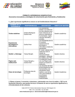FORMATO: EXPERIENCIAS SIGNIFICATIVAS
Escenarios innovadores y estrategias de comunicación para fomentarlas y fortalecerlas


1. ¿Qué experiencias significativas conozco en mi Establecimiento Educativo?

  NOMBRE DE LA
                            RESPONSABLE(S)                  DESCRIPCIÓN               ÁMBITO DE GESTIÓN
   EXPERIENCIA
                                                        Los estudiantes
                                                        asisten a la institución
                                                        los días sábados para
                          Cristina Rodríguez            hacer refuerzos en el
Tardes sabatinas                                                                      Gestión académica
                          Cecilia Amar                  área de matemáticas,
                                                        humanidades, ingles
                                                        ciencias naturales y
                                                        sociales.
                                                        Los estudiantes de 6 a
                                                        9 muestran
Experiencias
                                                        exposiciones de
tecnológicas e            Cecilia Amar                                                Gestión académica
                                                        tecnología e
informáticas
                                                        informática a todos los
                                                        estudiantes.
                                                        El rector planea en la
                                                        institución todo el
                                                        trabajo de
Gestión y liderazgo       Tobías Rengifo                                              Gestión directiva
                                                        direccionamiento
                                                        estratégico utilizando
                                                        los medios y las TICs
                                                        La institución cuenta
Página web                Tobías Rengifo y              con una Página web
                                                                                      Gestión directiva
institucional             Cecilia Amar                  donde se muestra la
                                                        institución.
                                                        Las docentes del área
                                                        de tecnologías les dan
                                                        herramientas a los
                                                        estudiantes sobre
                          Profesoras área de
Clase de tecnología                                     medios y uso de las           Gestión Académica
                          tecnología
                                                        TICs para fortalecer
                                                        los procesos
                                                        pedagógicos
                                                        institucionales

2. Plantee al menos 3 escenarios o situaciones, relacionadas con el uso de medios y TICS en la
Institución Educativa, que pueden favorecer el fomento de nuevas experiencias significativas y
el fortalecimiento de las existentes

                      Calle 43 Nº 57-14 Centro Administrativo Nacional, CAN, Bogotá, D.C.
                                    PBX: +57 (1) 222 2800 - Fax 222 4953
                 www.mineducacion.gov.co - atencionalciudadano@mineducacion.gov.co
 
